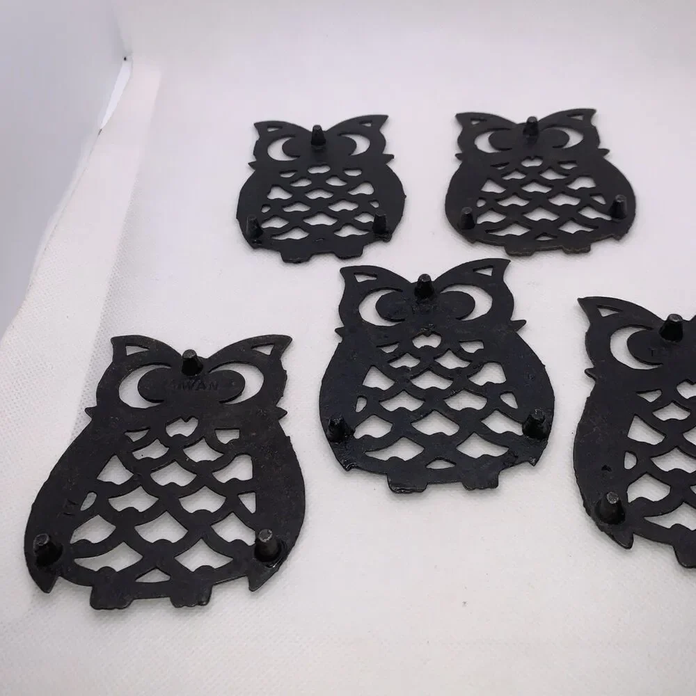 Lot of 5 Cast Iron Owl Trivets - Made In Taiwan